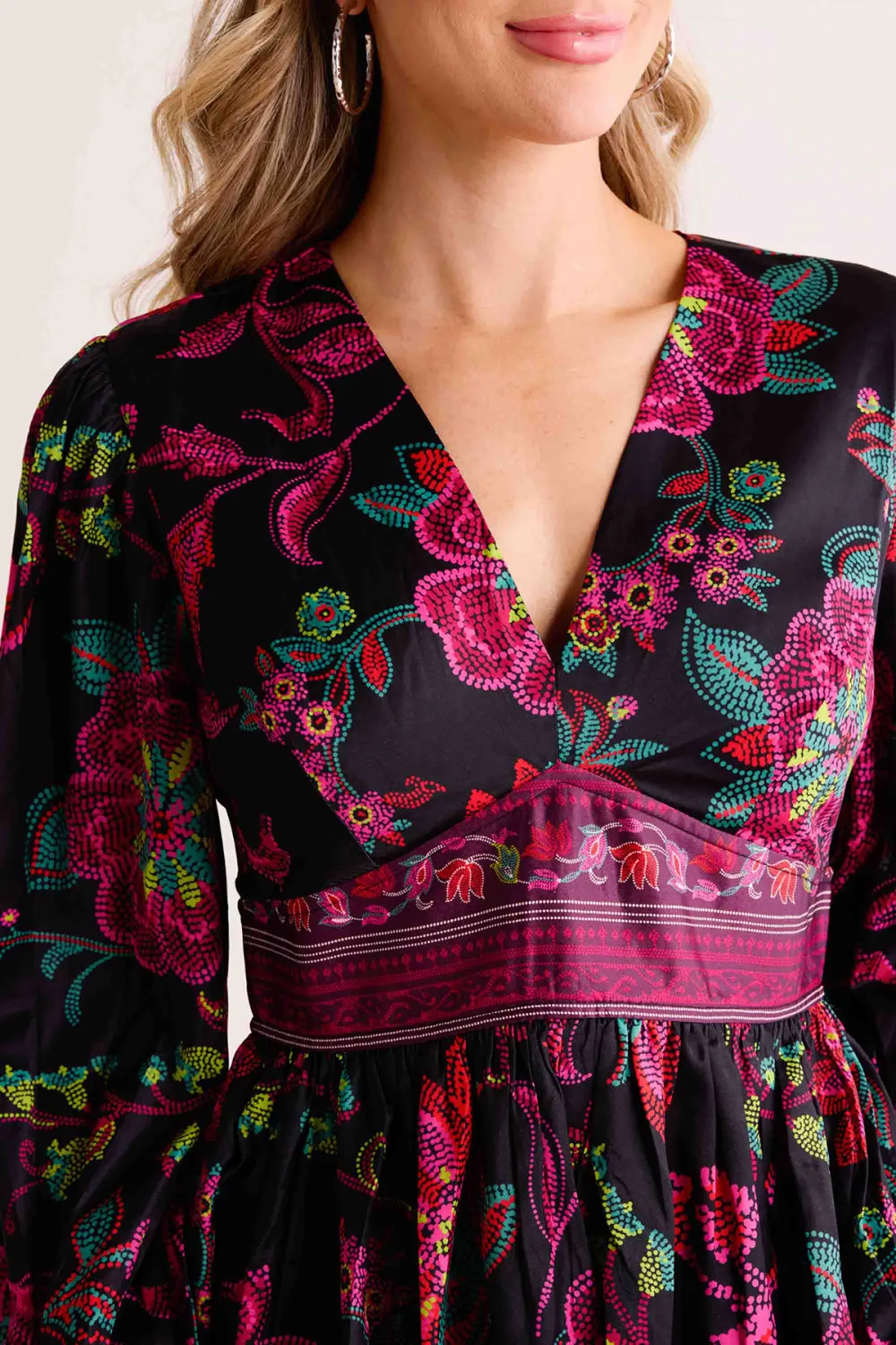 Pink Floral Print V-Neck Peplum Long Sleeve Blouse