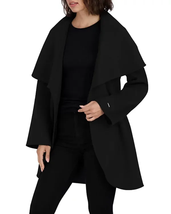 Wing Neckline Long Sleeves Belted Coat