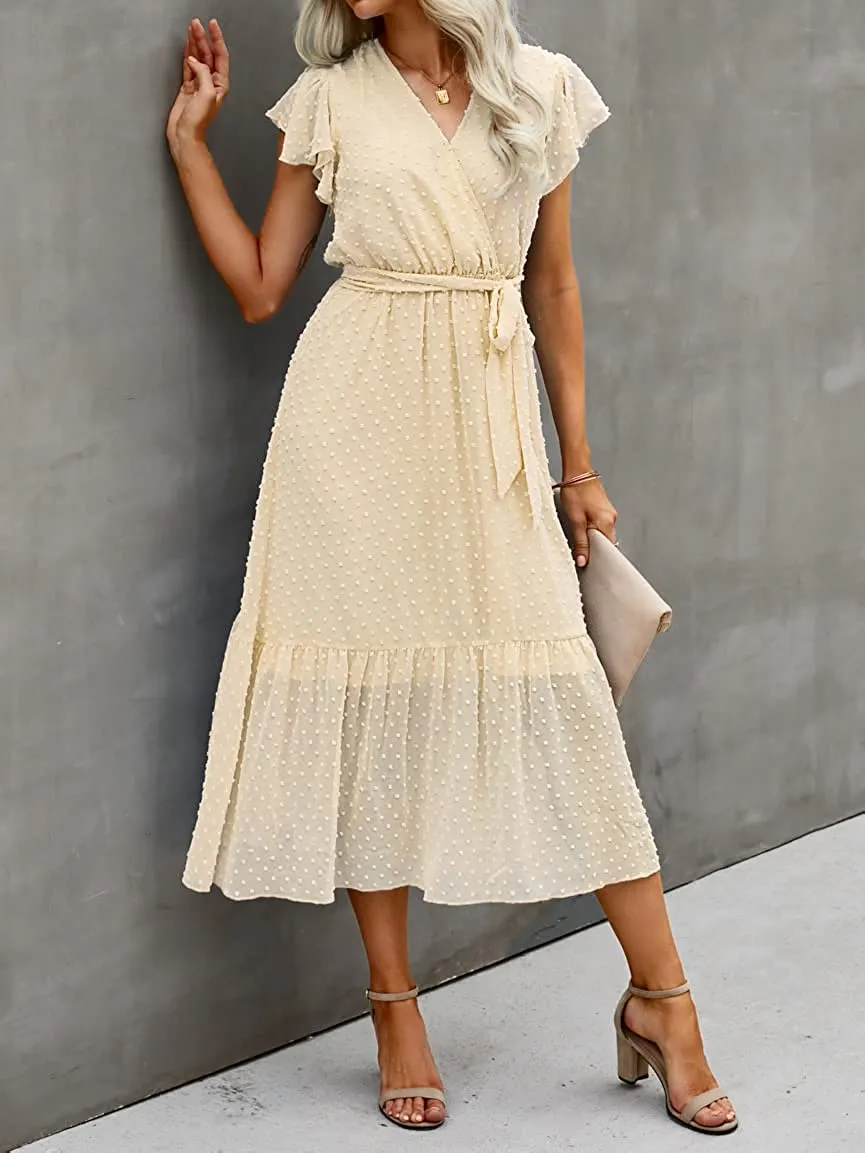 Women Summer Bohemian Floral Casual Wrap V Neck Ruffle Cap Sleeveless Belt A-Line Pleated Hem Swing Midi Sun Dress