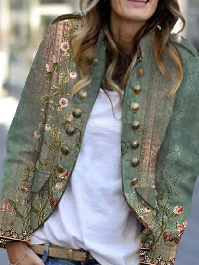 Women's Casual Jacke Print Flower Comfortable Artistic Style Loose Fit Outerwear Long Sleeve Fall Green Casaul Daily Street