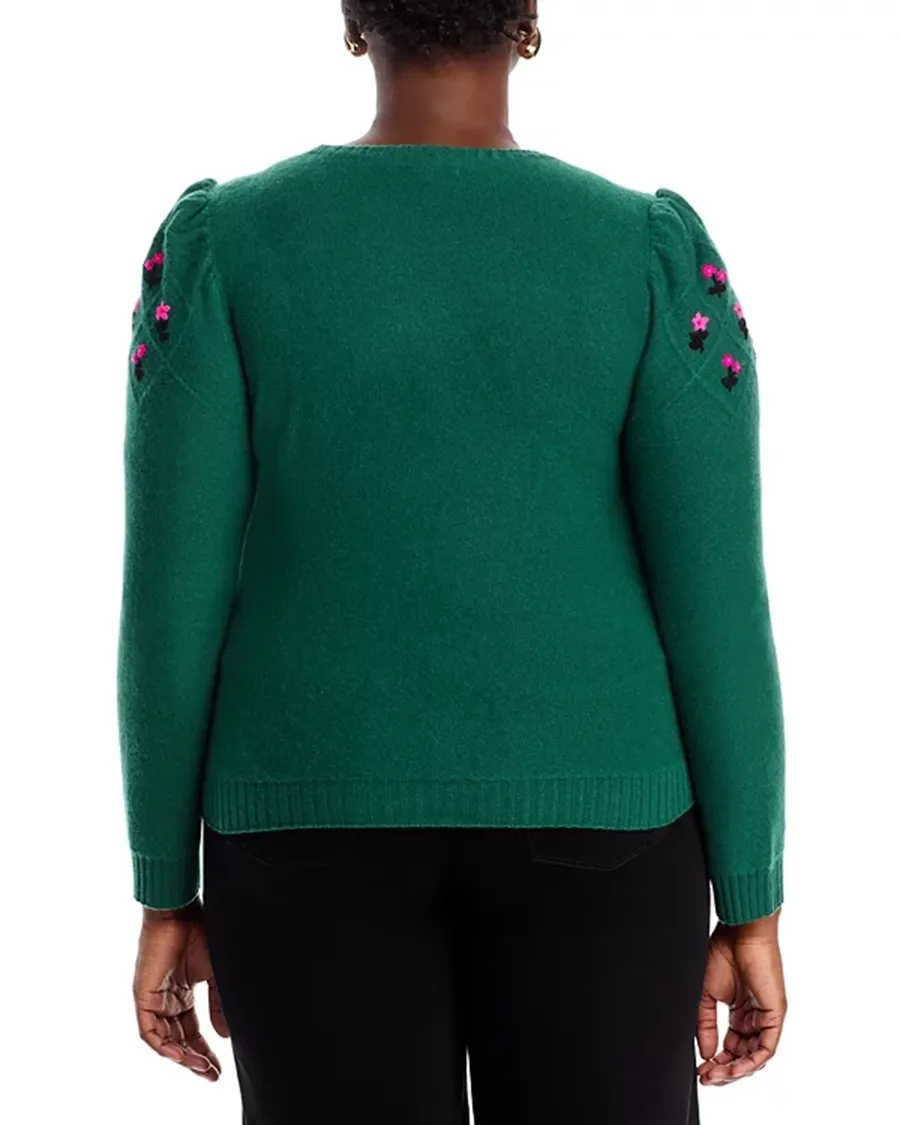 Puff Sleeve Embroidered Floral Cashmere Sweater