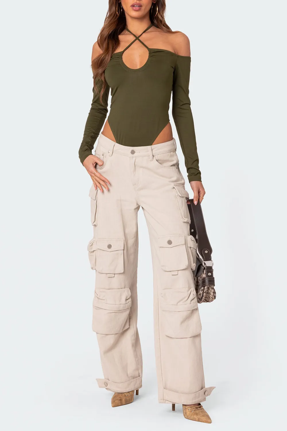 Cross-over Halter Hollow Long Sleeve Bodysuit