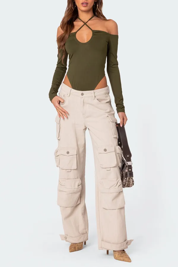 Cross-over Halter Hollow Long Sleeve Bodysuit