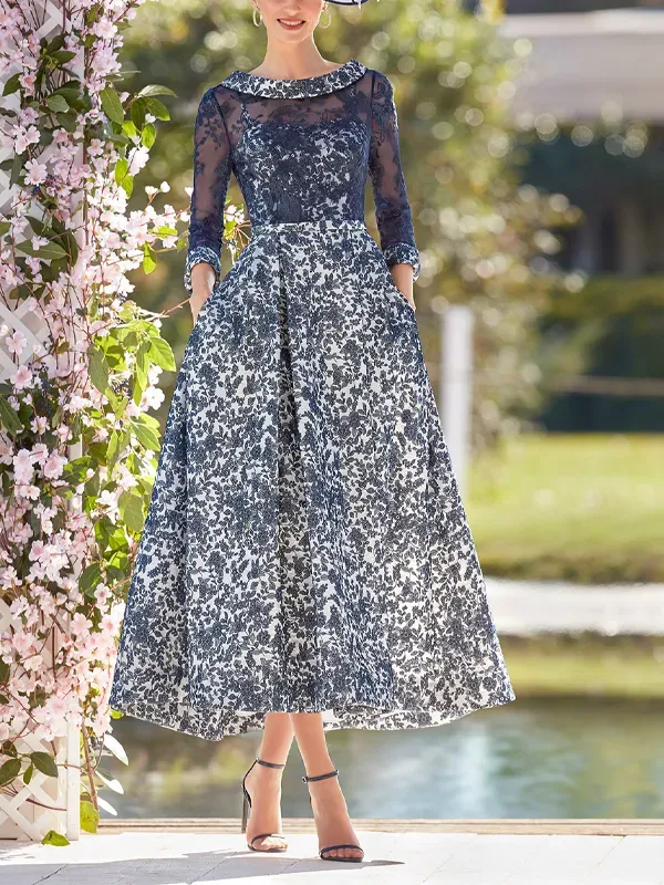 Round Neck Lace Print Midi Dress