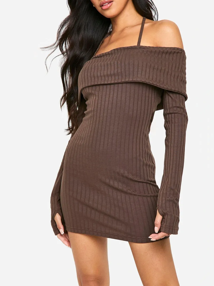 Women's  Ribbed Halter Off-The-Shoulder Mini Dress