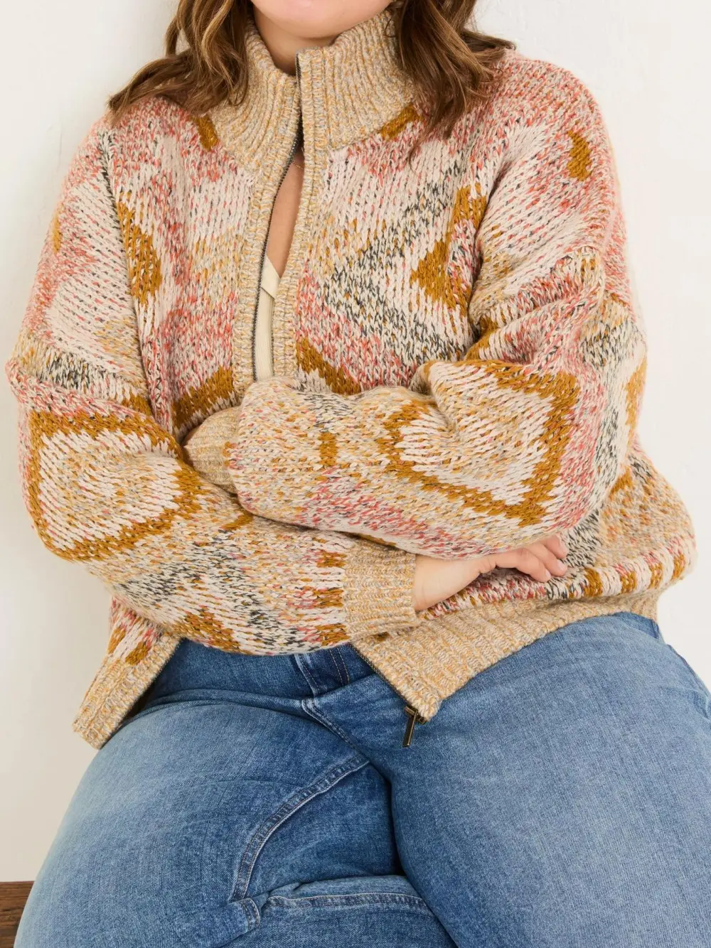 Natural Erin Knitted Zip Through Cardigan