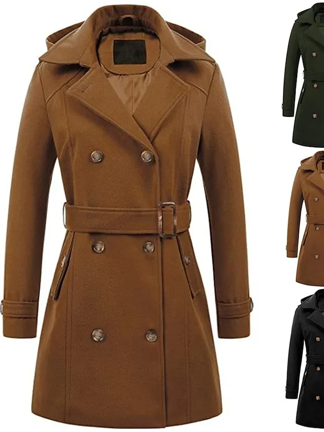 Women's Winter Coat Long Overcoat with Belt Fall Pea Coat wirh Hood Elegant Windproof Warm Trench Coat with Pockets Contemporary Casual Trendy Jacket Long Sleeve Black Army Green Camel