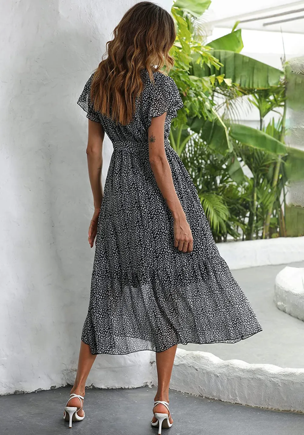 Women Summer Bohemian Floral Casual Wrap V Neck Ruffle Cap Sleeveless Belt A-Line Pleated Hem Swing Midi Sun Dress