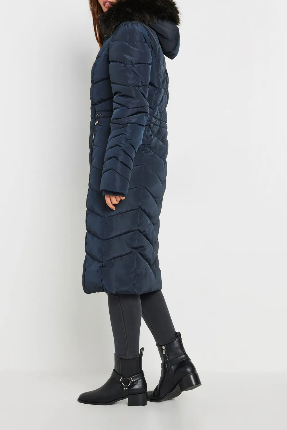Navy Blue Faux Fur Trim Padded Longline Hooded Coat