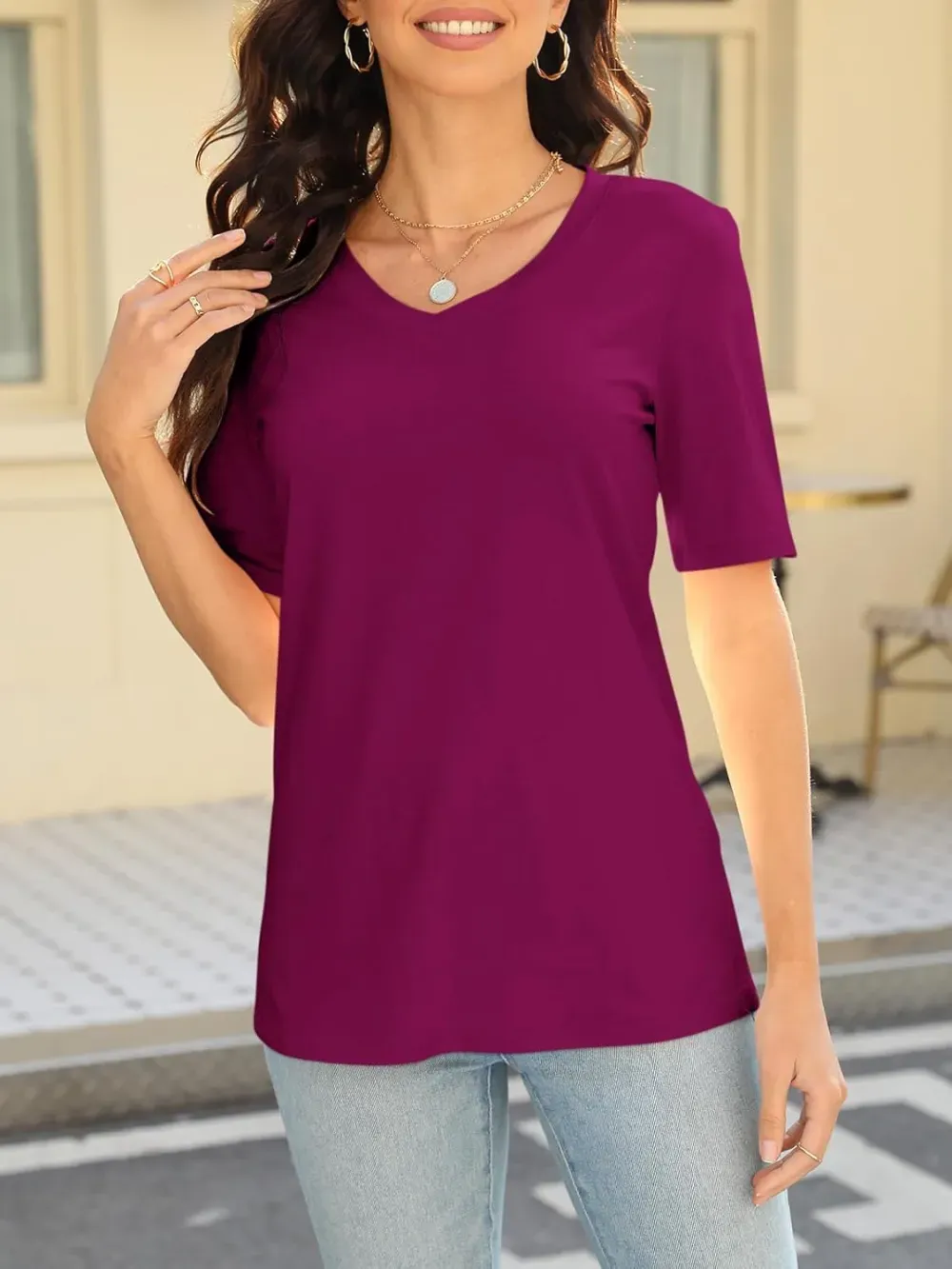 ORANDESIGNE Women's Color Block Short Sleeve T Shirts Casual V Neck Summer Tops Tees Loose Fit Blouses