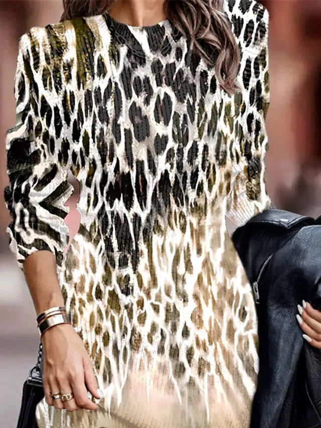 Women's Sweater Dress Jumper Dress Winter Dress Mini Dress Warm Active Fashion Leopard Outdoor Casual Daily Going out Crew Neck Long Sleeve 2023 Regular Fit khaki S M L XL XXL 3XL