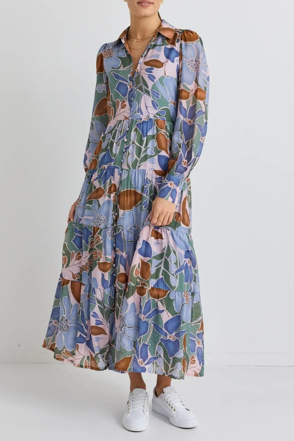 Khaki Floral Long Sleeve Tiered Shirt Maxi Dress