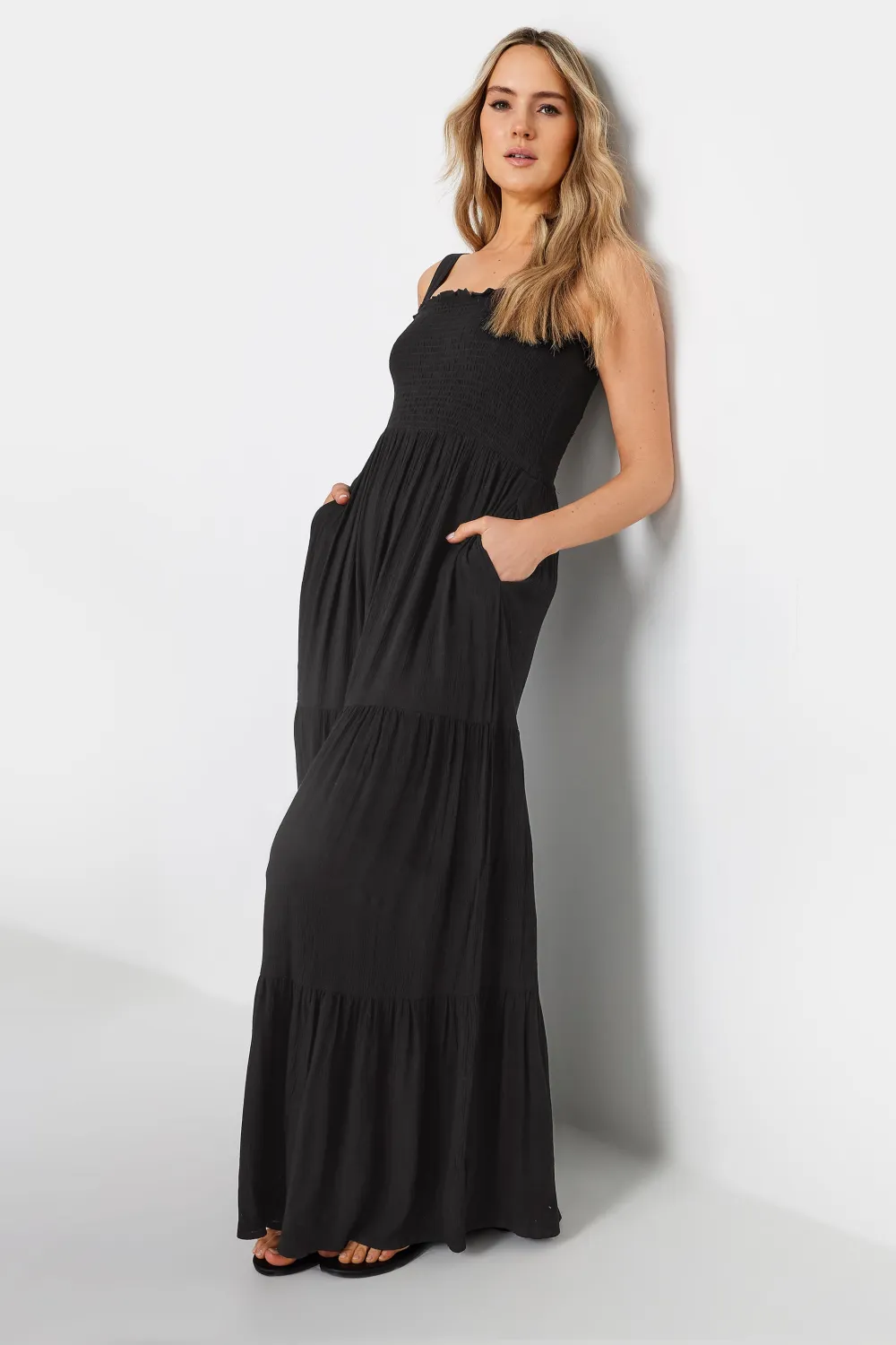 LTS Tall Black Shirred Tiered Maxi Dress