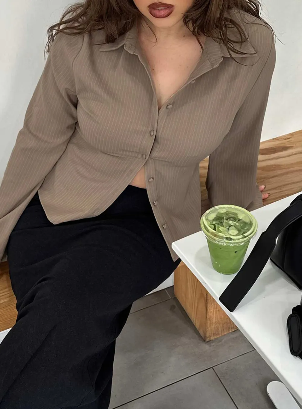 Black Pinstripe Cropped Button Up Shirt