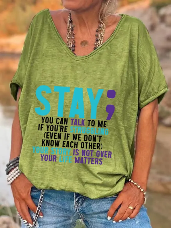 Encouraging Slogan V-Neck Short-Sleeved T-Shirts