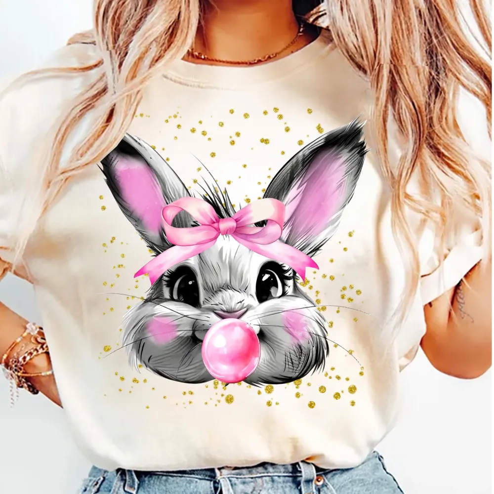 Easter Bunny Blowing Bubbles Printed Round Neck Short Sleeve T-Shirt