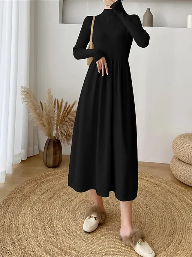 Women's Sweater Dress Knit Dress Jumper Dress Midi Dress Knitwear Elegant Fashion Plain Outdoor Daily Going out Turtleneck Long Sleeve 2023 Loose Fit Black Apricot One Size
