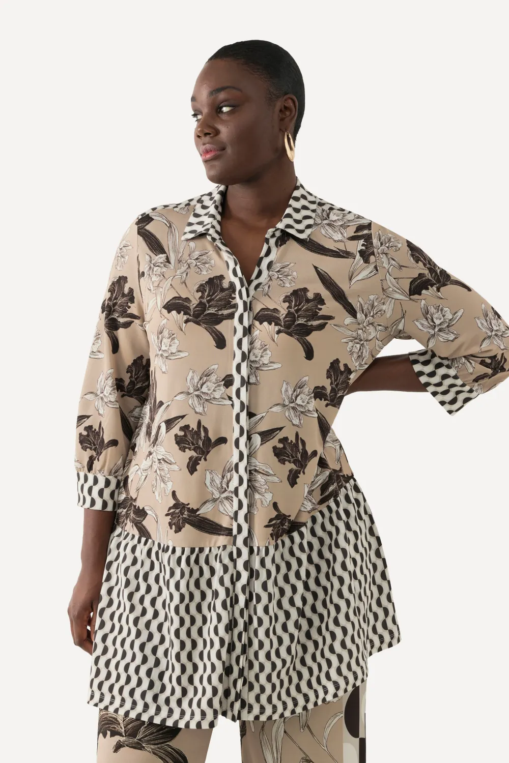 Slinky-Tunika, Hemdkragen, verdeckte Knopfleiste, 3/4-Arm