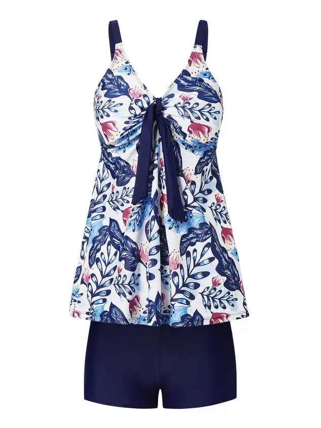 Vacation Floral Printing V neck Tankinis Two-Piece Set