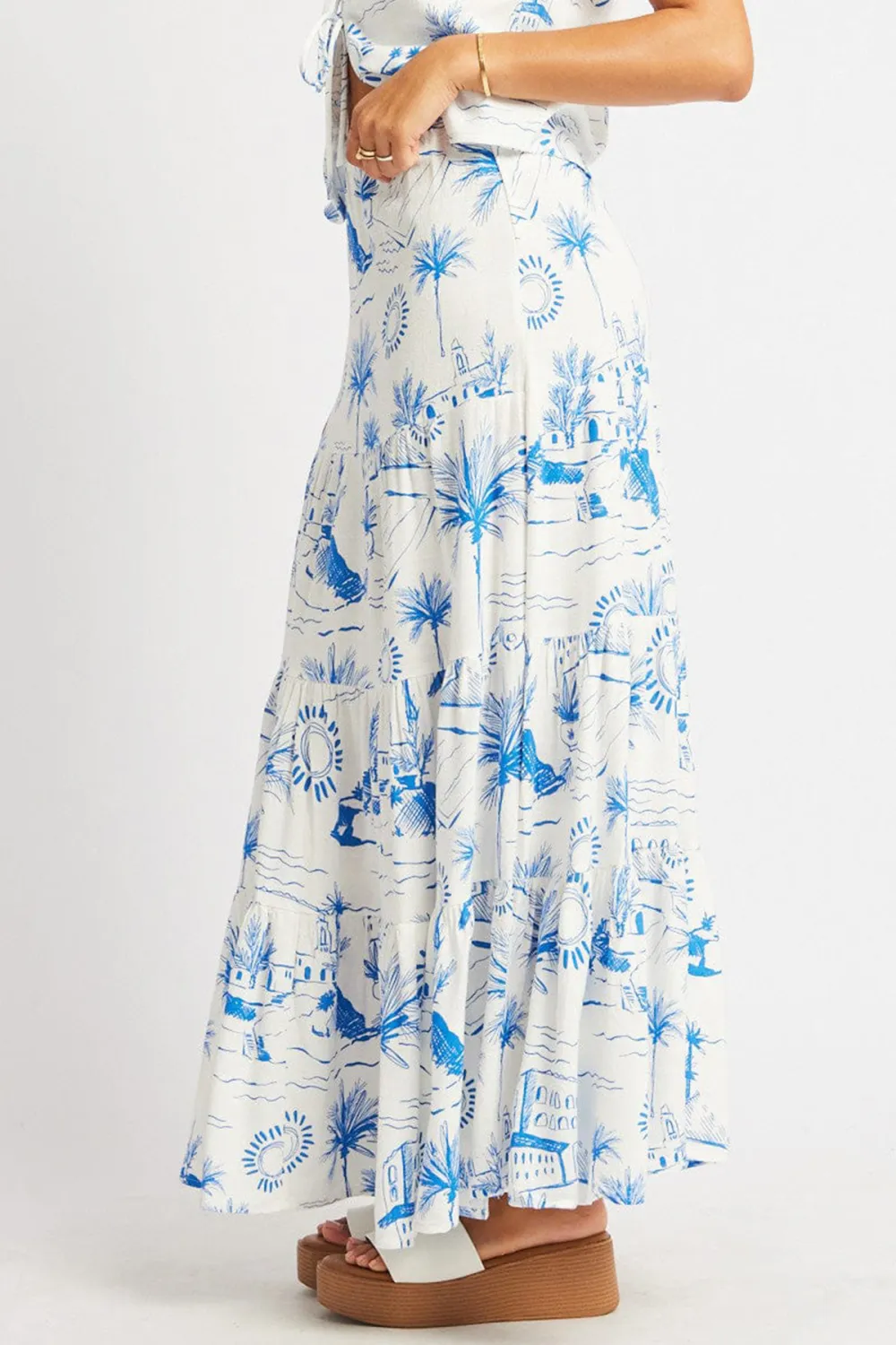 Blue Abstract Maxi Skirt Tiered High Rise Elastic Waistband