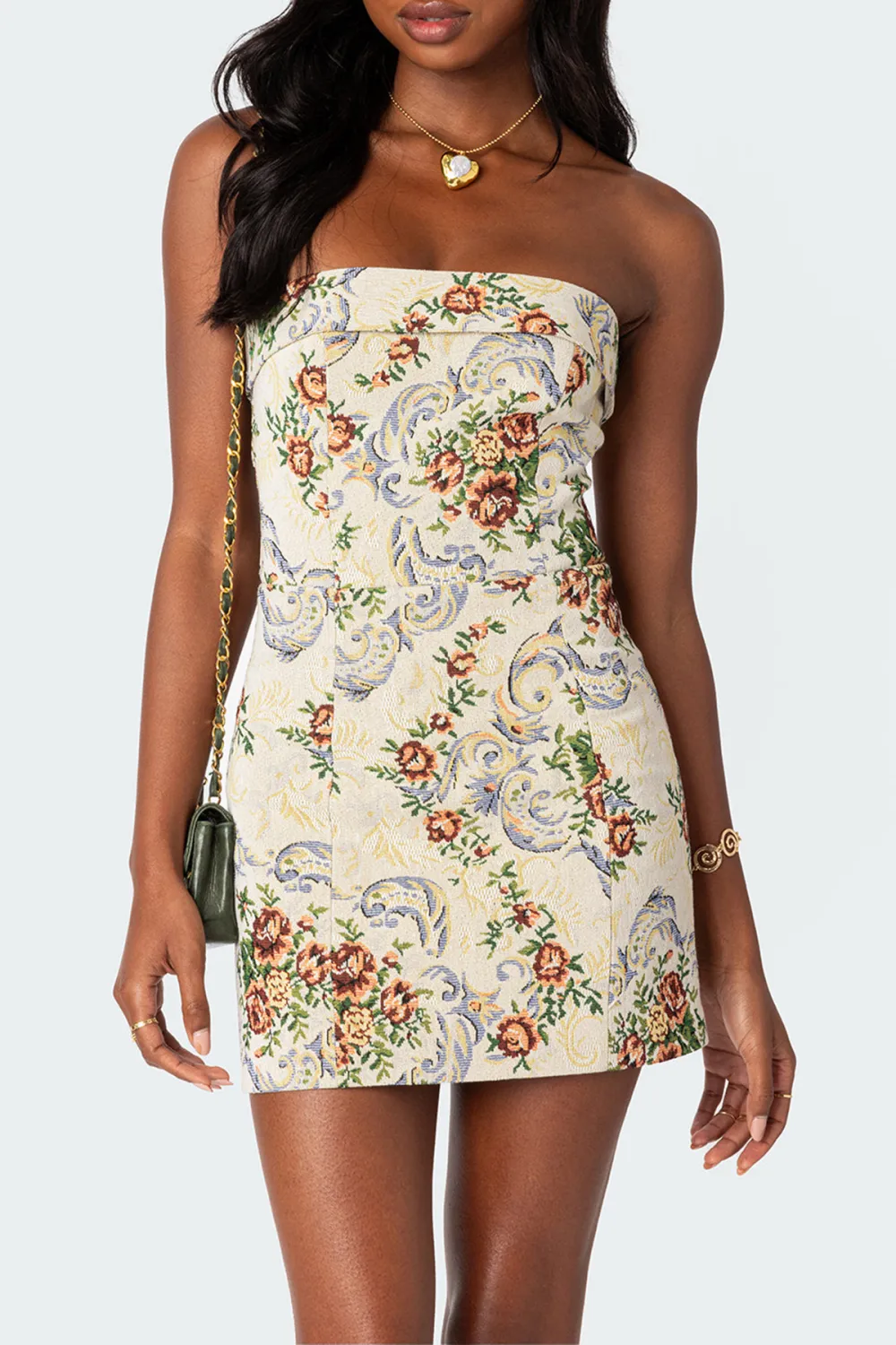 Floral Tapestry Lace Up Mini Dress