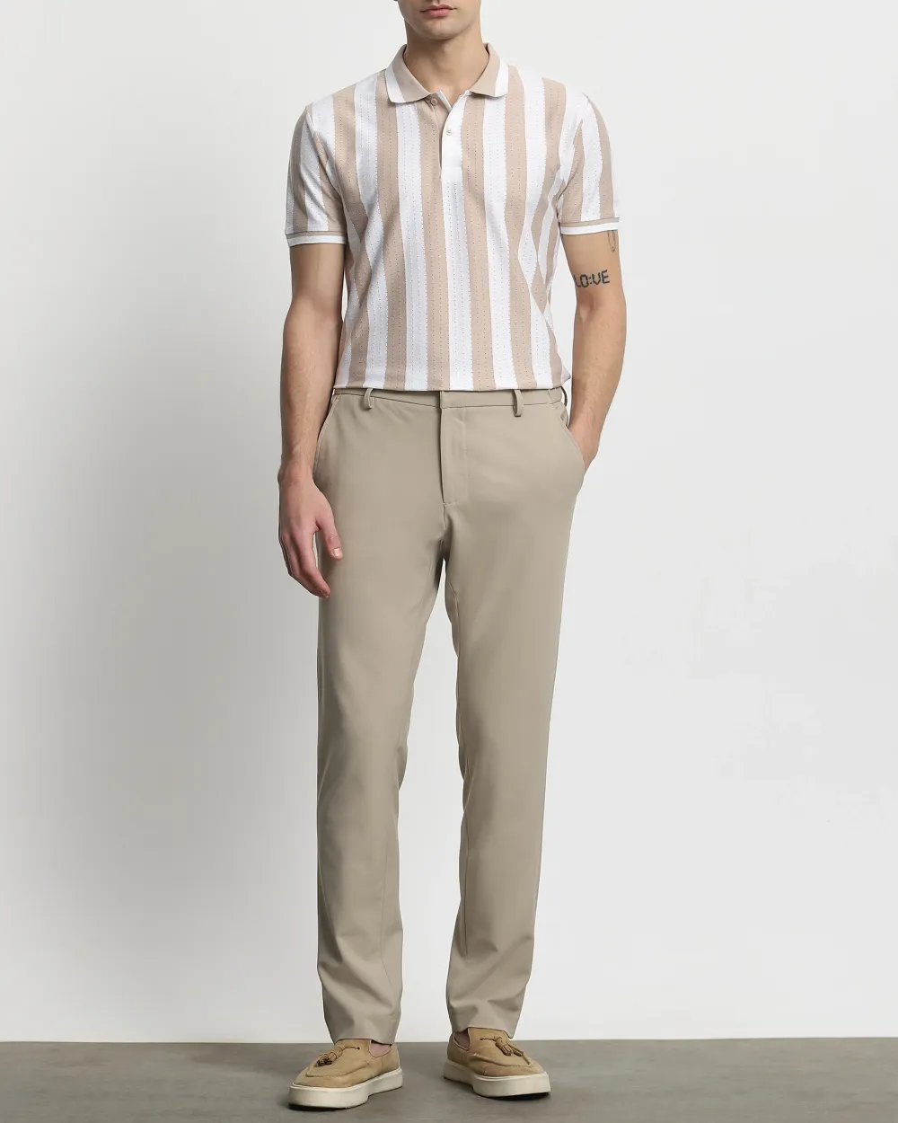 Daily Simple And Slimming Beige Striped Textured Polo Shirt