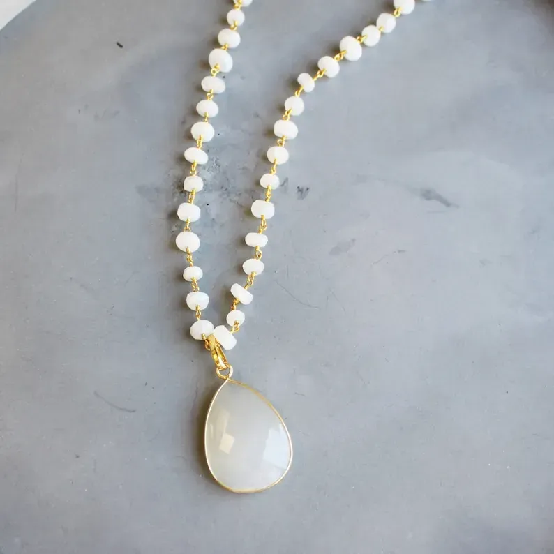 Long Necklace Moonstone Long Pendant Necklace Gold Necklace Long Stone Necklace Gemstone Statement Necklace Teardrop Long Layer Necklace
