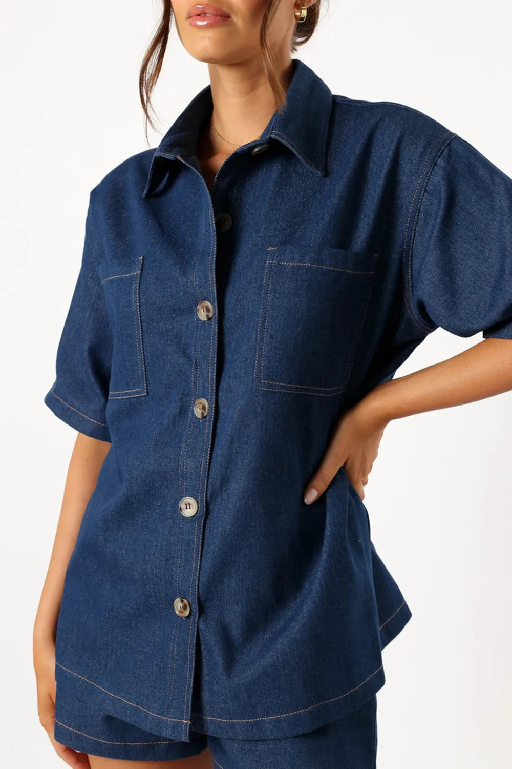 DARK DENIM LOOSE BUTTON DOWN SHIRT