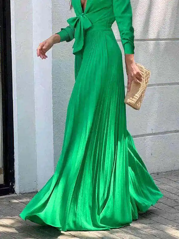 Simple Long Sleeves Lace-Up Pleated Solid Color Deep V-Neck Jumpsuits