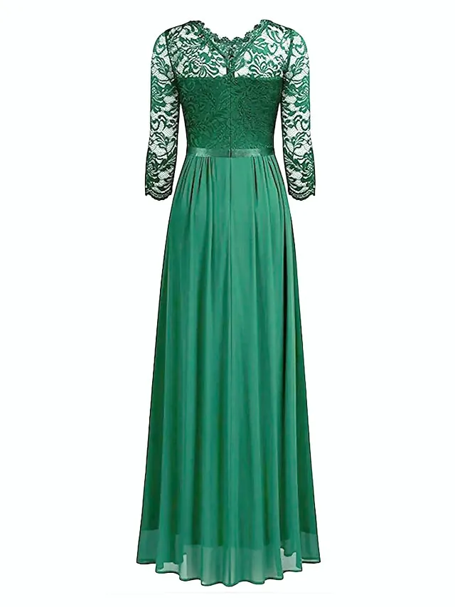 Women‘s Black Dress Prom Dress Black Lace Dress Party Dress Long Dress Maxi Dress Green 3/4 Length Sleeve Spring Fall Crew Neck Fashion