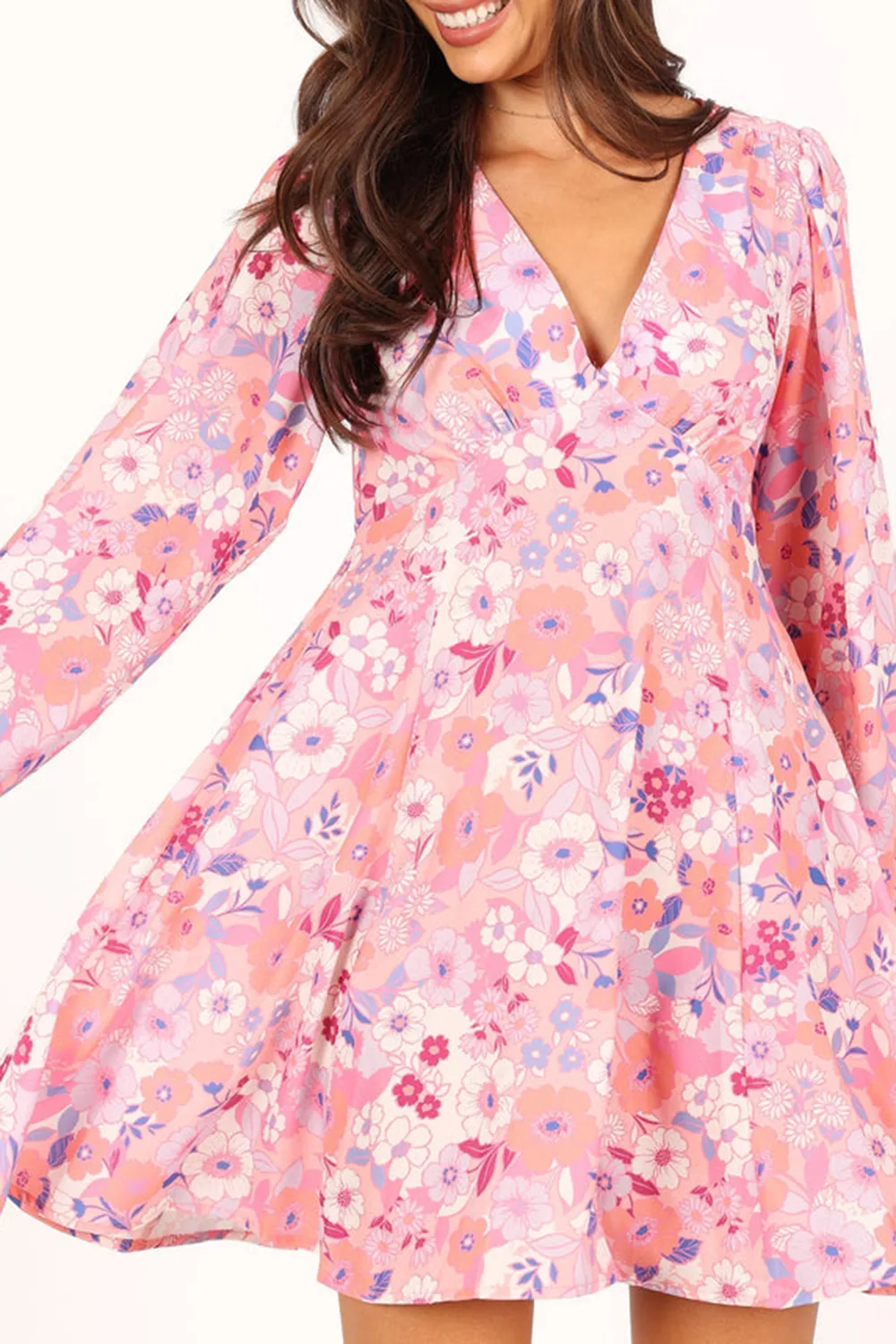 PINK FLORAL LONG SLEEVE MINI DRESS