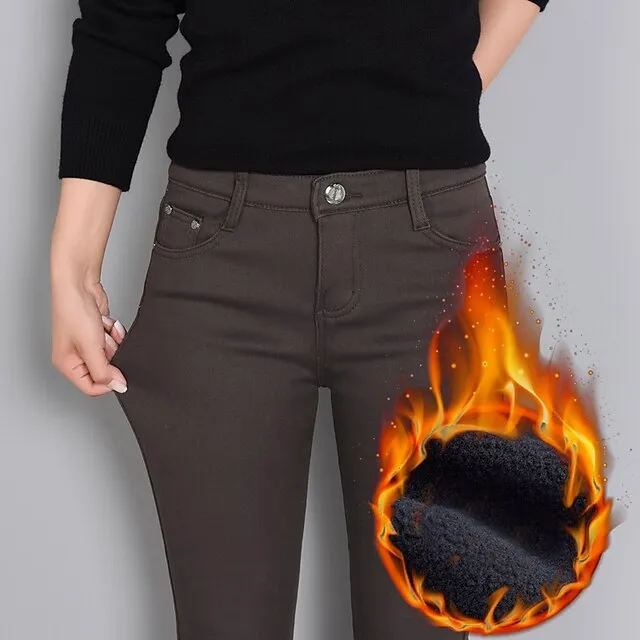 Women‘s Fleece Pants Tights Flannel Trousers lined Blue Purple Wine High Waist Fashion Office Causal Side Pockets High Elasticity Full Length Thermal Warm S M L XL XXL