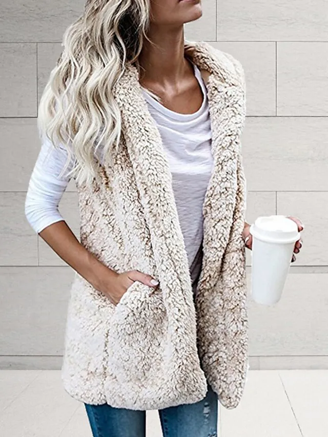 Women's Vest Teddy Coat Gilet Sherpa Jacket with Hood Outdoor Street Going out Fall Winter Regular Coat Regular Fit Warm Breathable Cute Casual Jacket Sleeveless Solid Color Pocket White Black Gray