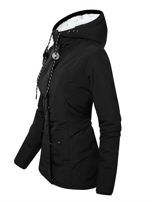 Women's Parka Fleece Lined Puffer Jacket Waterproof Windproof Winter Coat Fall Zipper Hooded Heated Jacket with Pocket Minimalism Outerwear Long Sleeve Black Army