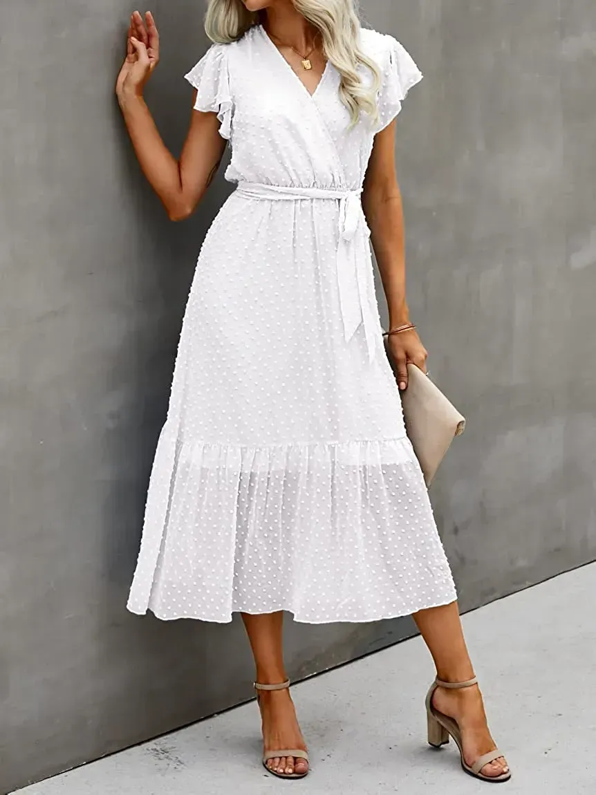 Women Summer Bohemian Floral Casual Wrap V Neck Ruffle Cap Sleeveless Belt A-Line Pleated Hem Swing Midi Sun Dress