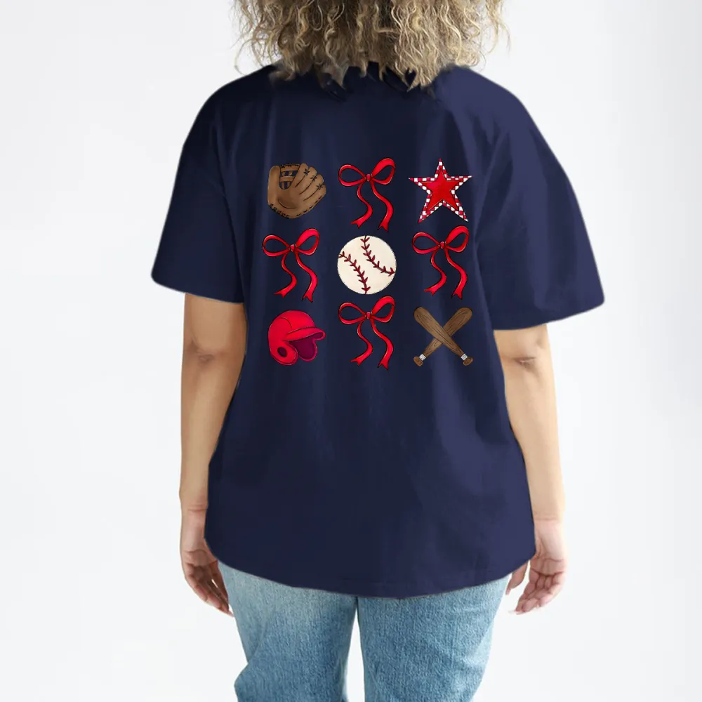 Baseball Gloves, Baseballs, Red Baseball Caps, Crossed Baseball Bats, Red Stars, And Multiple Red Bow Tie Combination Patterns, And Casual T-Shirts.