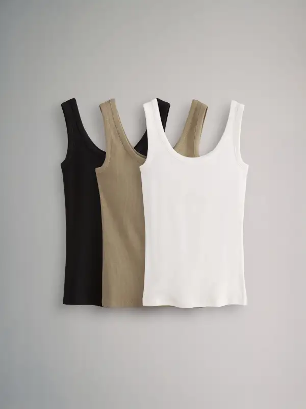 Three-Piece Set Black/Khaki Green/White Ribbed Tank Top