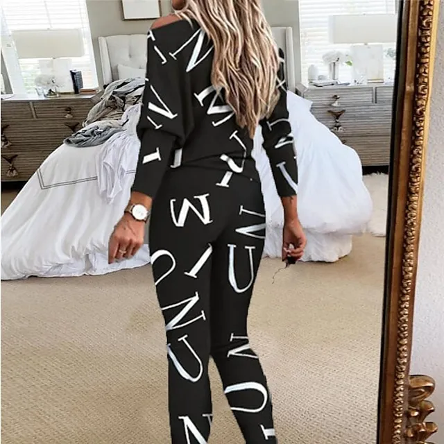 Women's Letter Print Lounge Sets Sweatsuit 2 Pcs  Crew Neck Long Sleeve Tops & Slim Pants Outfits Sport Comfort Home Street Vacation Polyester Off Shoulder Fall Winter S 2XL Black White