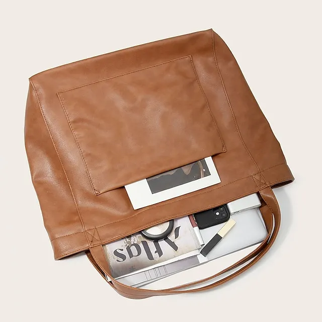 Women's Large Capacity Tote PU Leather Daily Holiday Large Capacity Waterproof Durable Solid Color Black White Yellow