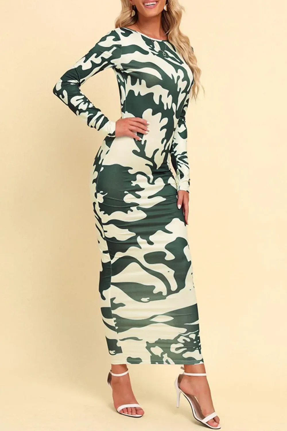 Artistic Personality Green Botanical Print Long Dress