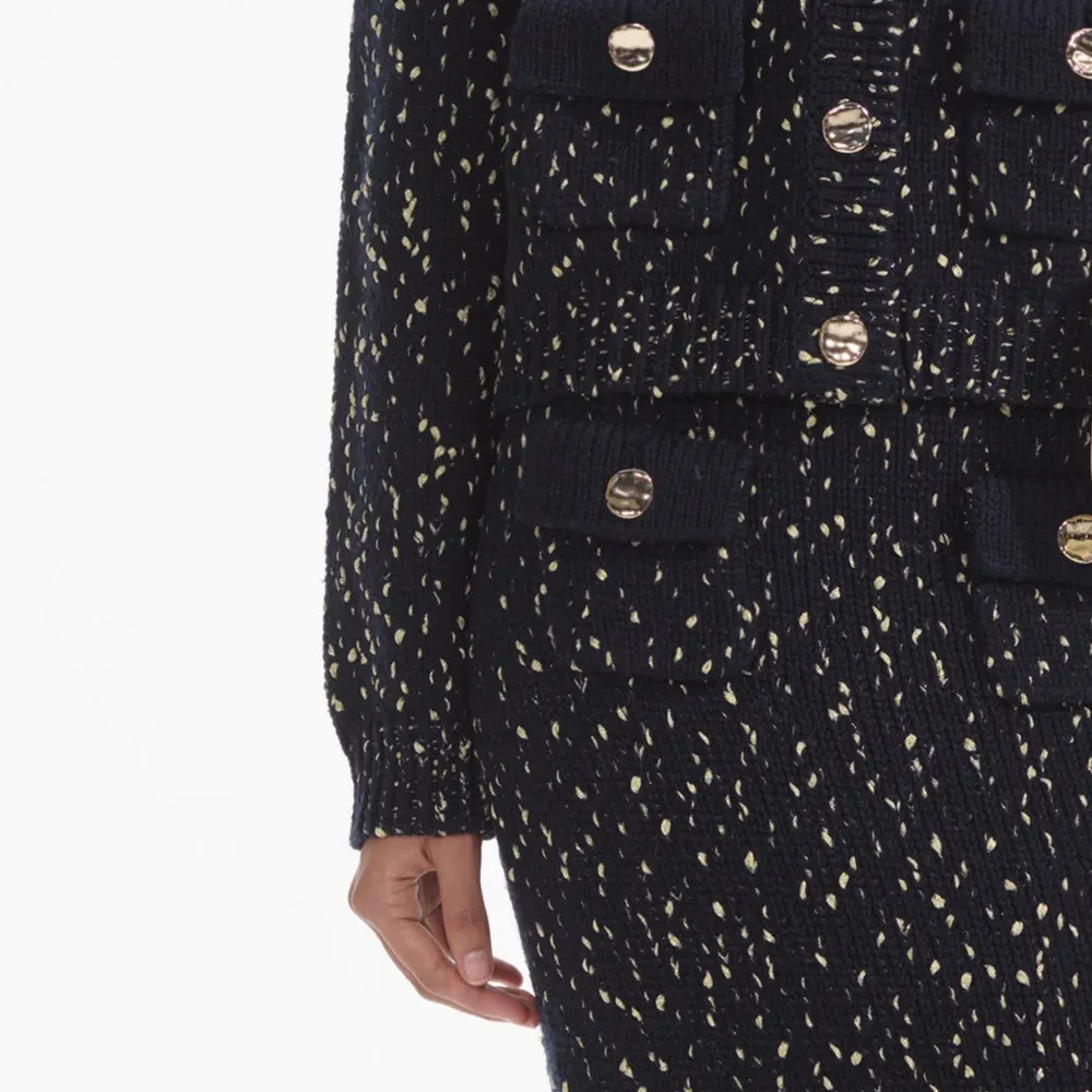 Navy Metallic Merino Knit Midi Skirt