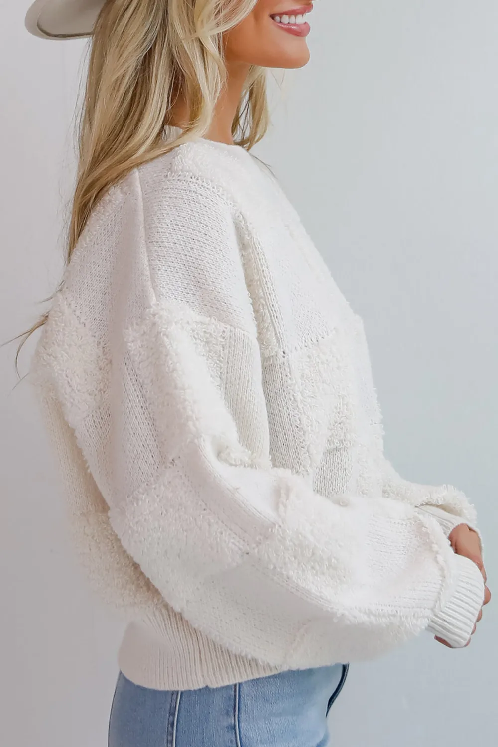 Cozy Effect Cream Checkered Fuzzy Knit Sweater