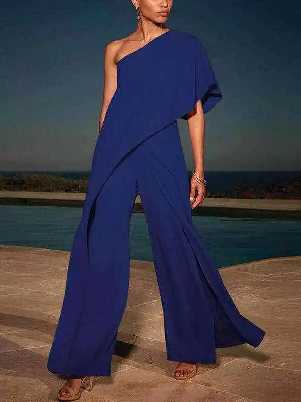 Urban Solid Color Tiered One-Shoulder Wide Leg Jumpsuits