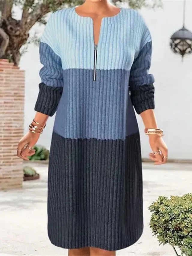 Women's Sweater Dress Jumper Dress Winter Dress Midi Dress Knitwear Fashion Streetwear Color Block Outdoor Street Daily Vacation V Neck Long Sleeve Print Zipper 2023 Loose Fit Black Pink Peach M L XL