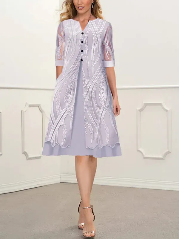 Printed V-Neck Pocket Short Sleeve Dress