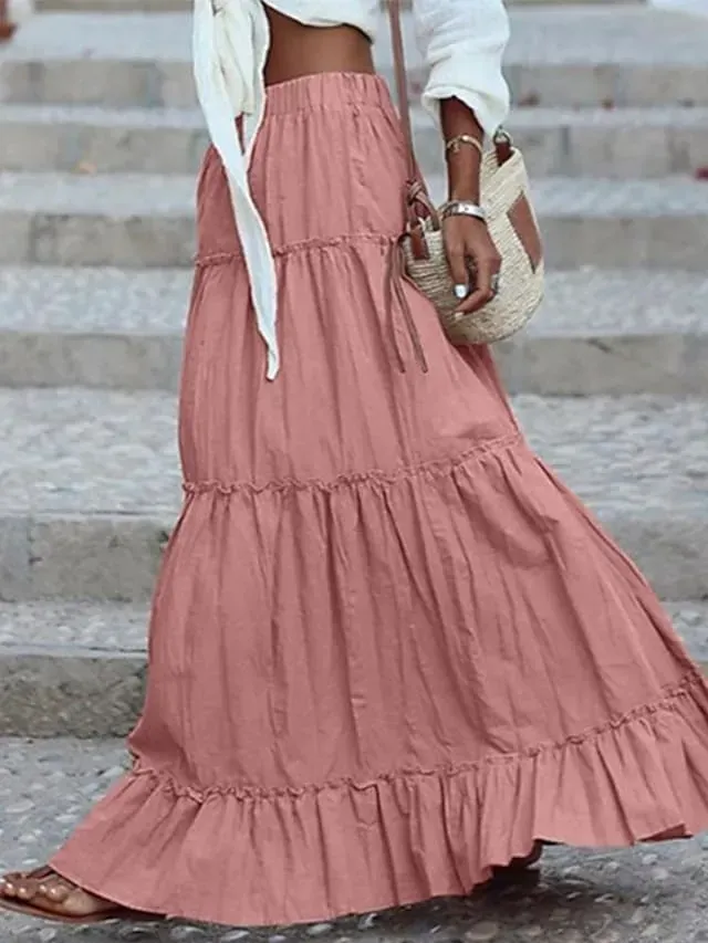 Women's Skirt Swing Maxi Cotton Blend Black Pink khaki Skirts Ruffle Fashion Casual Daily S M L