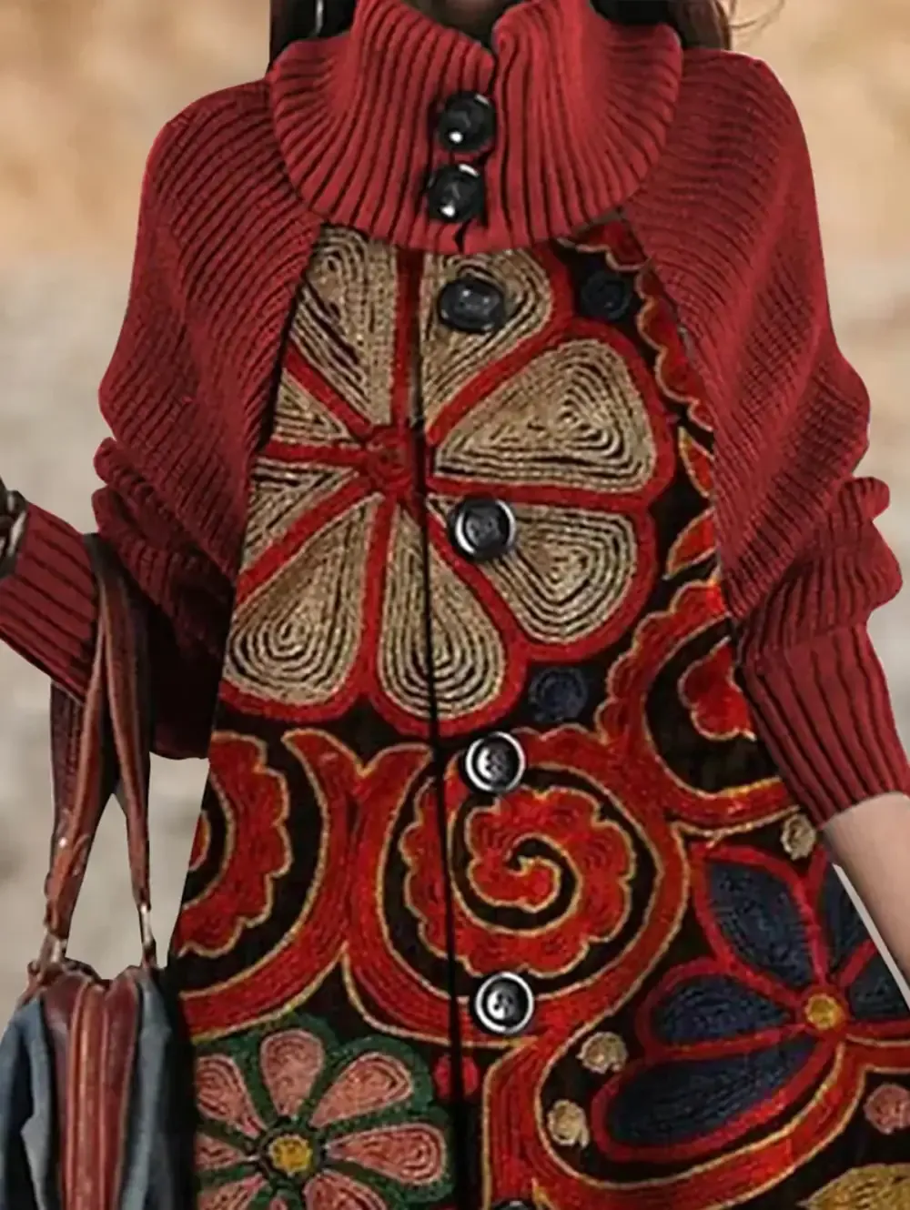 Ursime Turtleneck Rib-knit Raglan Sleeve Floral Panel Dress