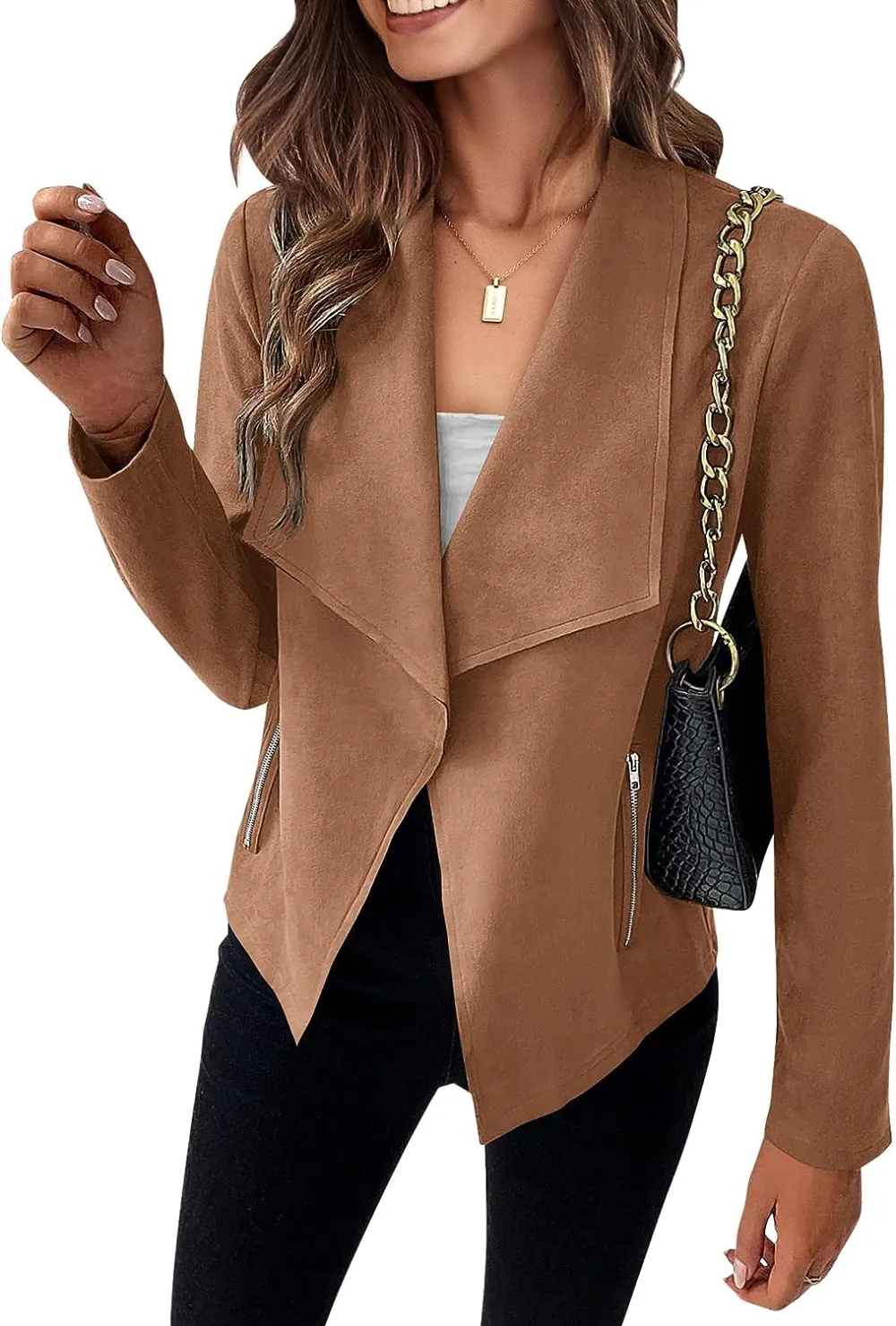 Women's Faux Suede Jackets 2023 Fall Clothes Long Sleeve Open Front Cropped Coat Outwear