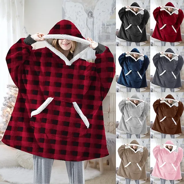 Women's Christmas Couple‘s Pajamas Nightgown Hoodie Blanket Wearable Blanket Grid / Plaid Pure Color Plush Simple Comfort Xmas Home Party Fleece Warm Gift Patchwork Pocket Fall Winter Black Gray
