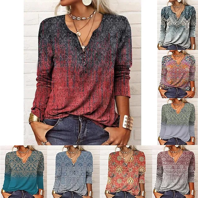 Women's Plus Size Shirt Blouse Black Pink Wine Paisley Color Gradient Vintage Button Print Long Sleeve Daily Casual V Neck Regular Fit Fall & Winter